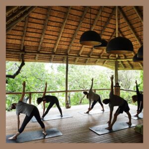 group practicing yoga at a retreat